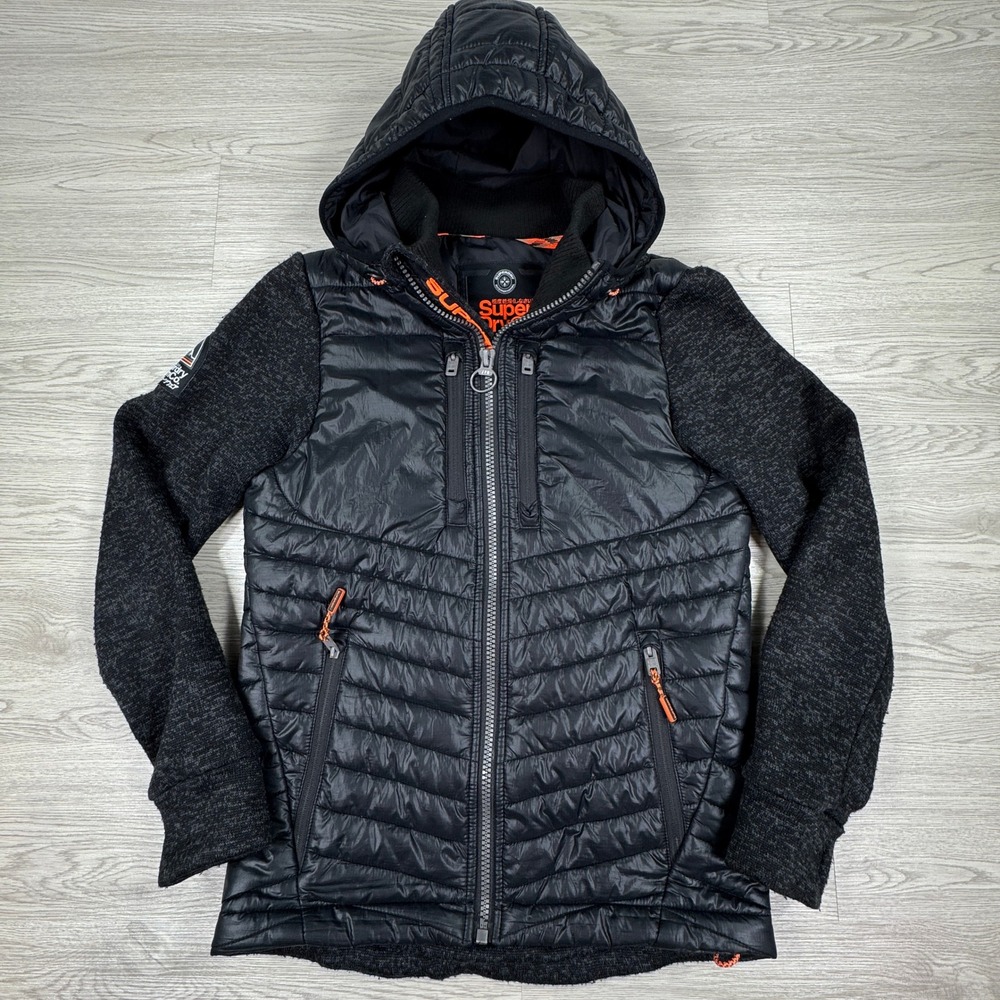 Superdry Mens Jacket Storm Hybrid Quilted Puffer Hooded Black Small Full Zip